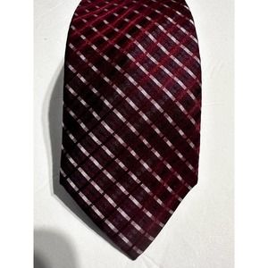 Calvin Klein Maroon Gray Checked Vintage 100% Silk Tie 58" x 3"